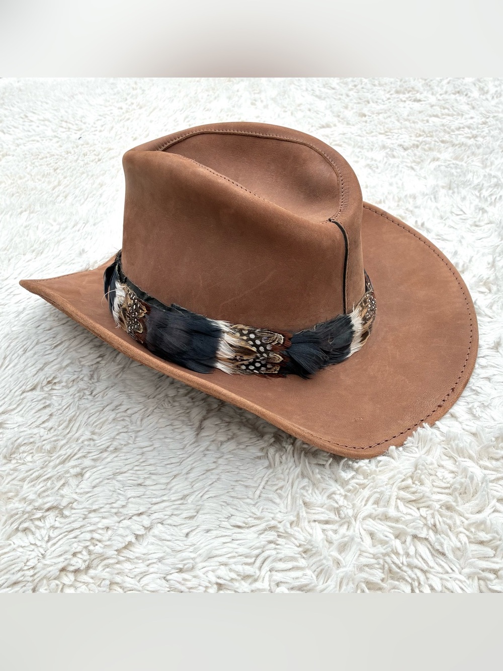 Full Grain Leather Cowboy Hat With Feathers Sz Large